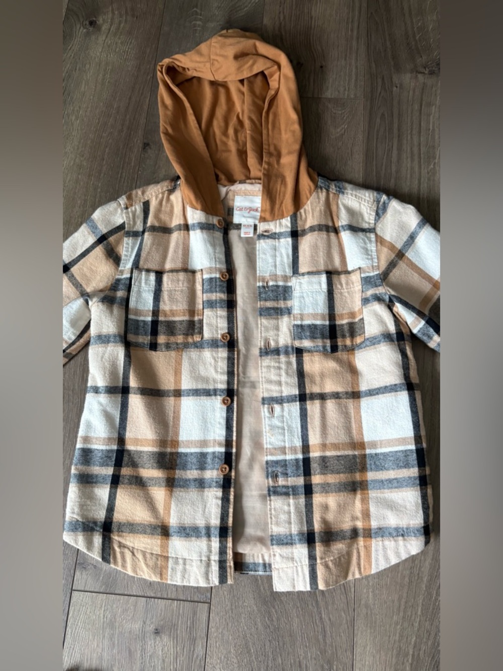 Cat & Jack Cream, Tan & Blue Plaid Hooded Button-Down Shirt (XS 4/5)